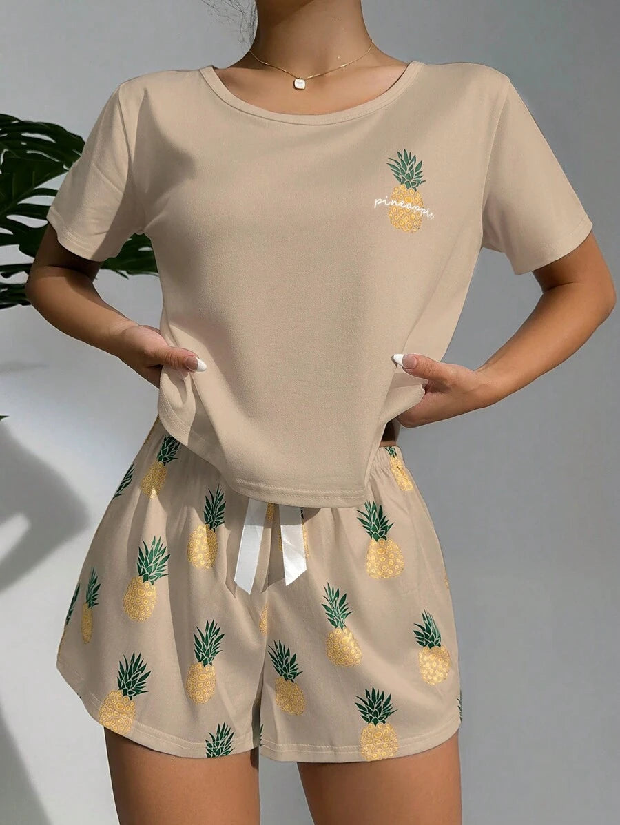 Pineapple Print Tee And Shorts Set Beige