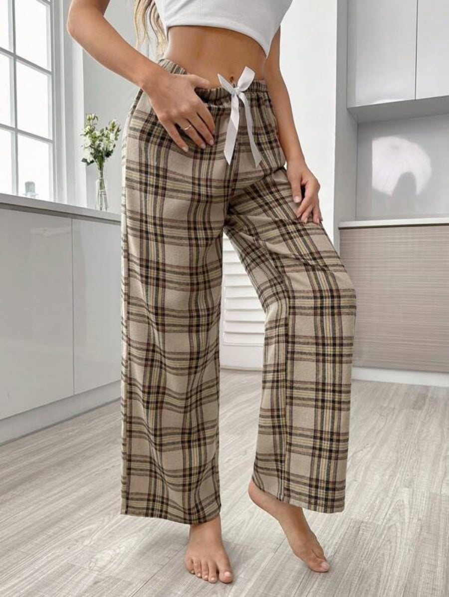 Plaid Print Tie Front Sleep Pants