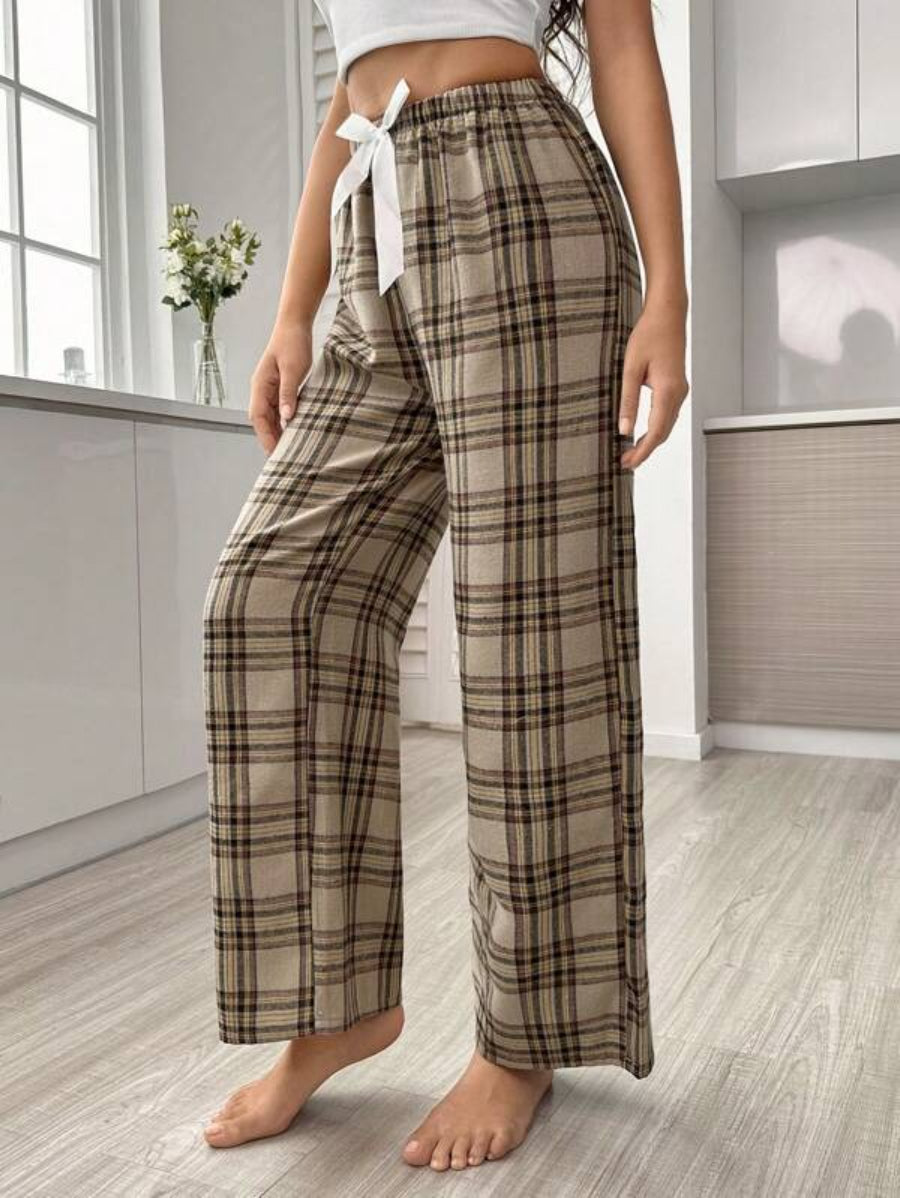 Plaid Print Tie Front Sleep Pants