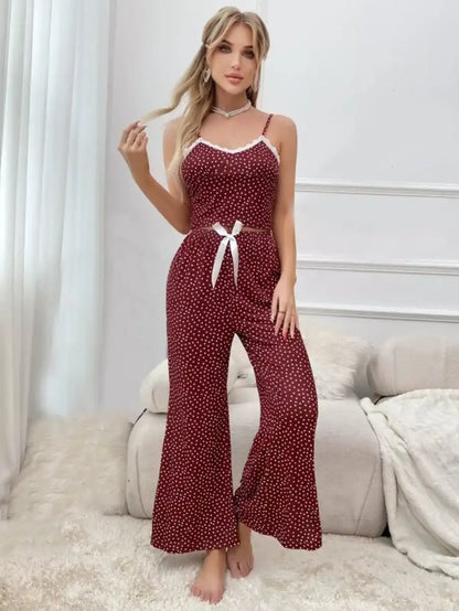 Polka Dot Contrast Lace Bow Front Cami Pajama Set