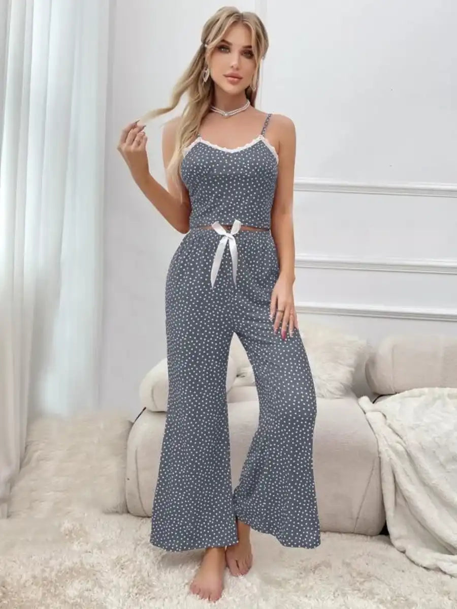 Polka Dot Contrast Lace Bow Front Cami Pajama Set