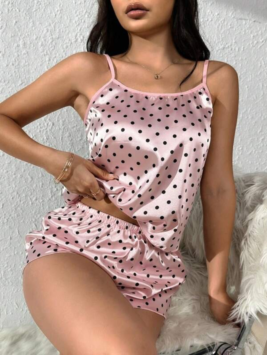 Polka Dot Print Satin Cami Top And Shorts Set