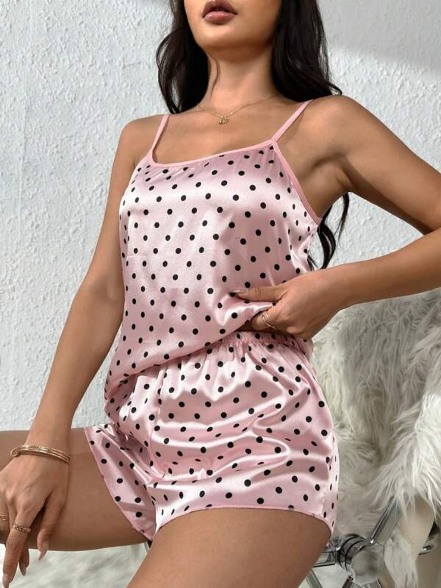 Polka Dot Print Satin Cami Top And Shorts Set