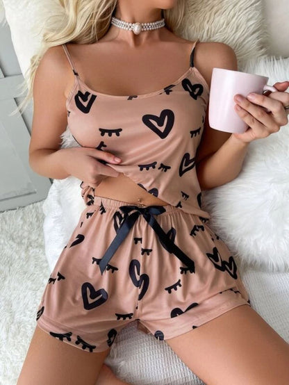 Printed Cami Top And Tie Front Shorts Set