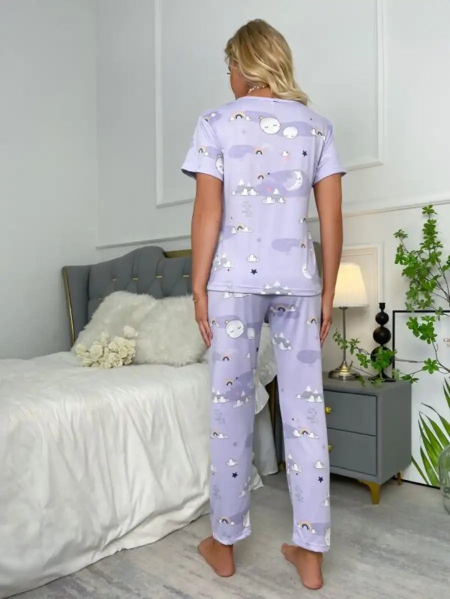 Printed Cartoon Graphic Pajama Set With Sleep Mask
