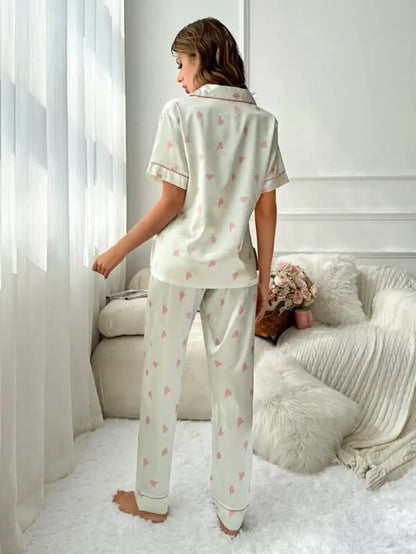 Printed Contrast Piping Satin Pajama Set