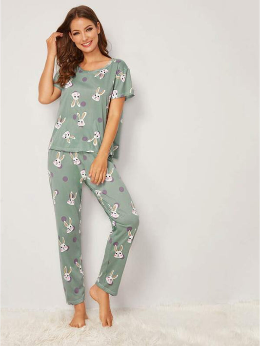 Rabbit Print Polka Dot Pajama Set XL