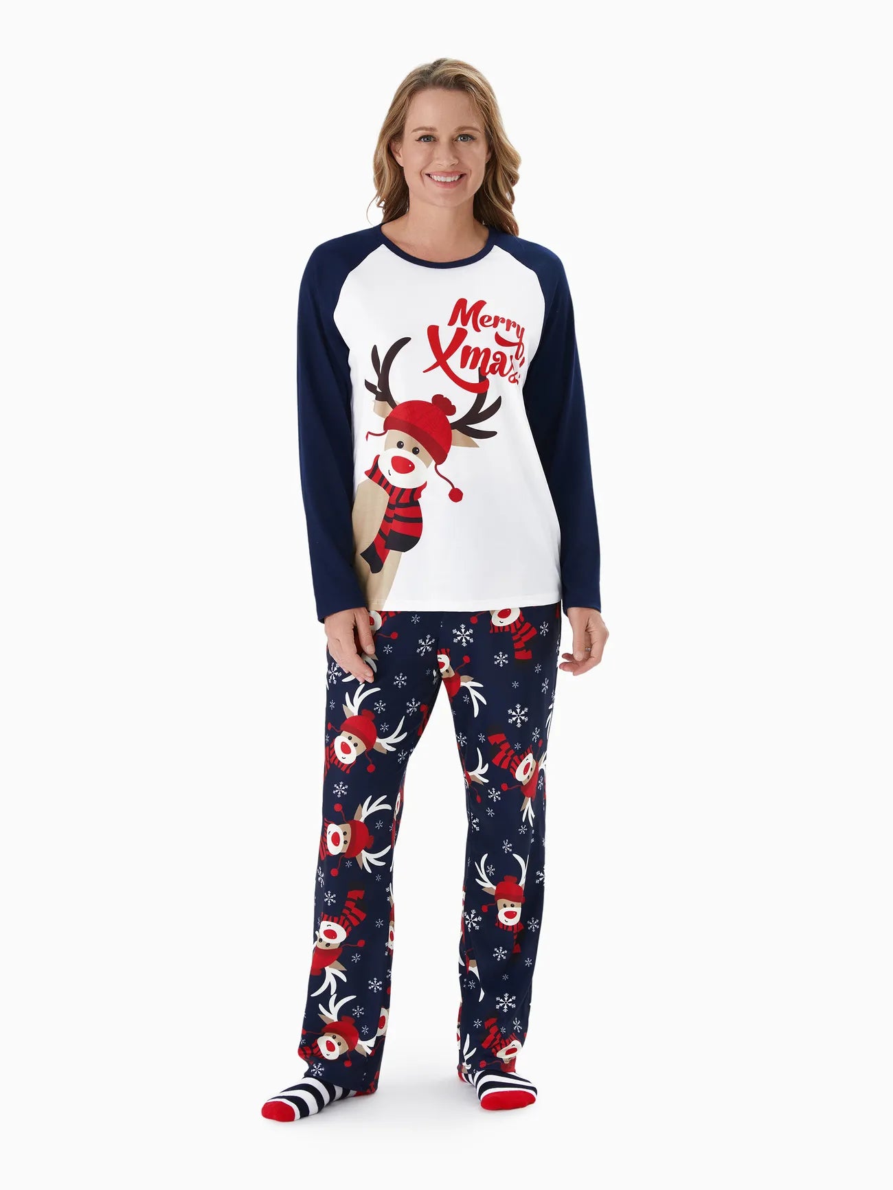 Reindeer Graphic Printed With Raglan Sleeves Family Matching Set Women