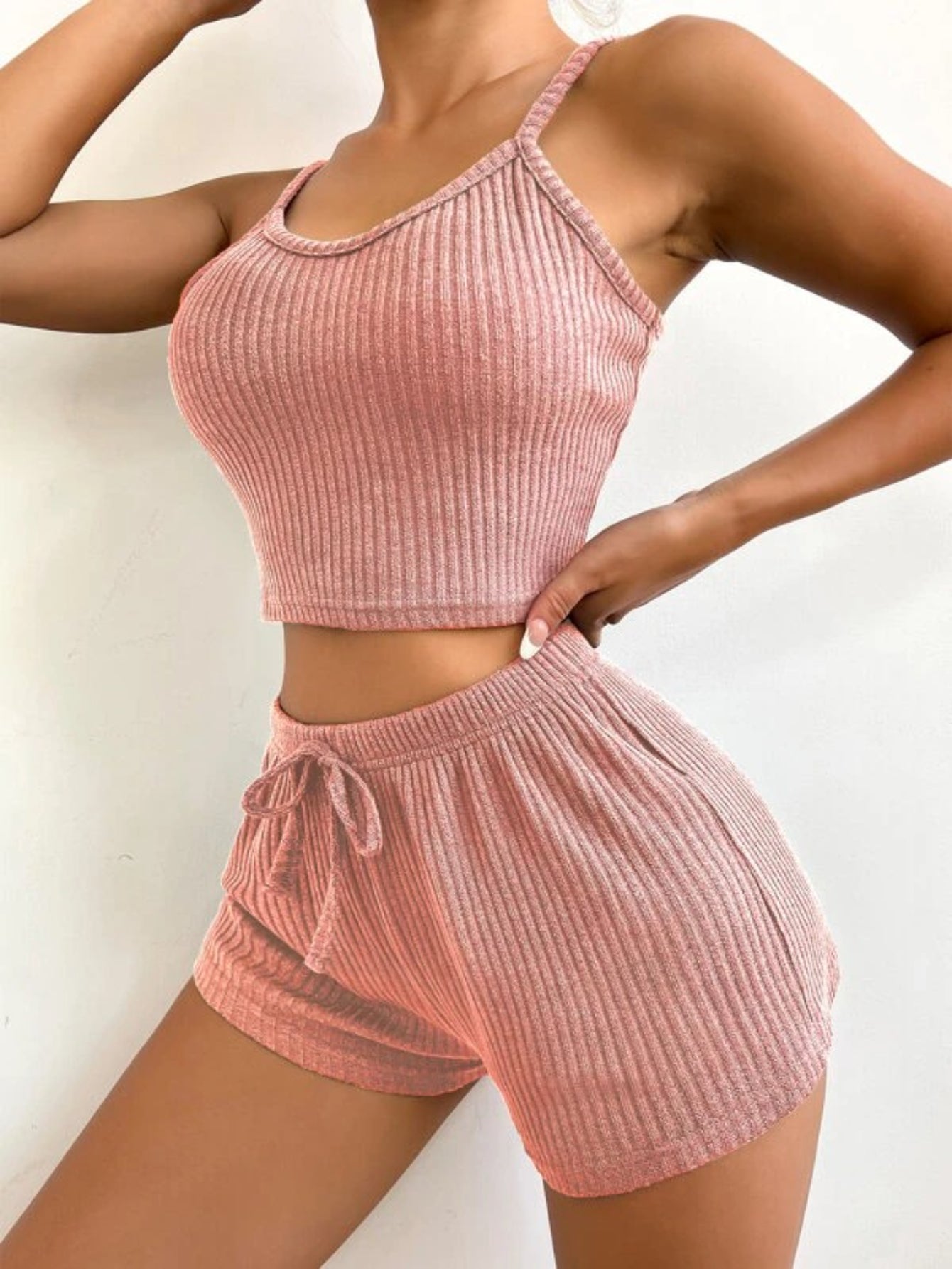 Ribbed Knit Cami Top And Shorts Lounge Set