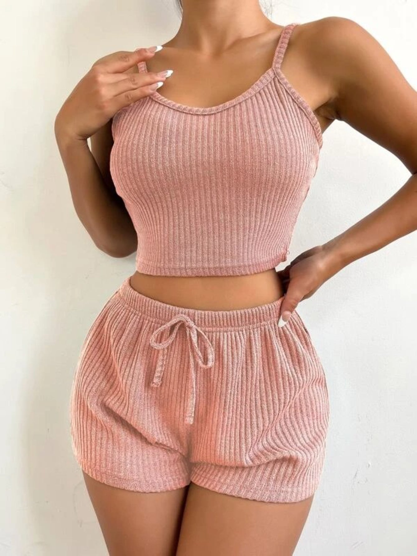 Ribbed Knit Cami Top And Shorts Lounge Set Pink