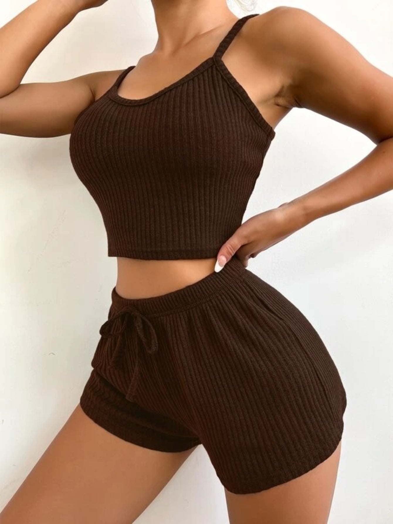 Ribbed Knit Cami Top And Shorts Lounge Set