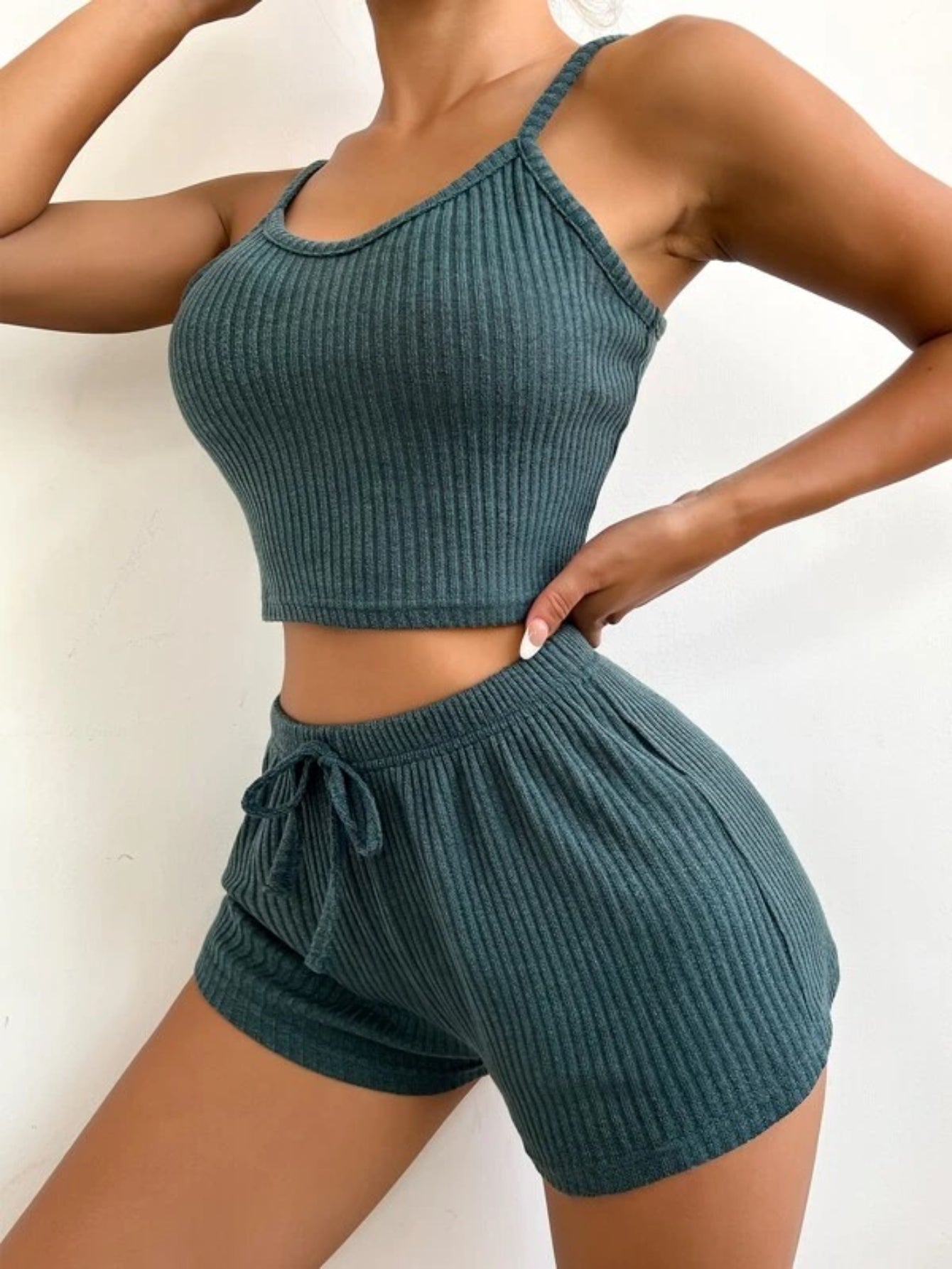 Ribbed Knit Cami Top And Shorts Lounge Set