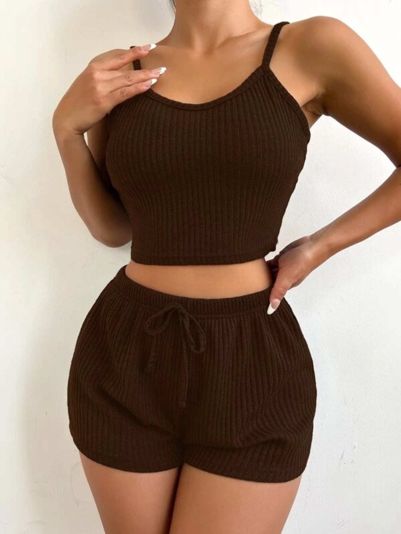 Ribbed Knit Cami Top And Shorts Lounge Set Brown