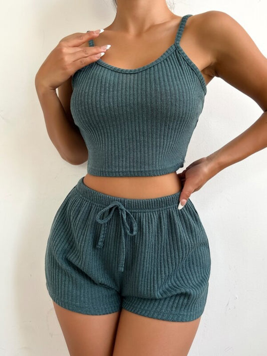 Ribbed Knit Cami Top And Shorts Lounge Set Green