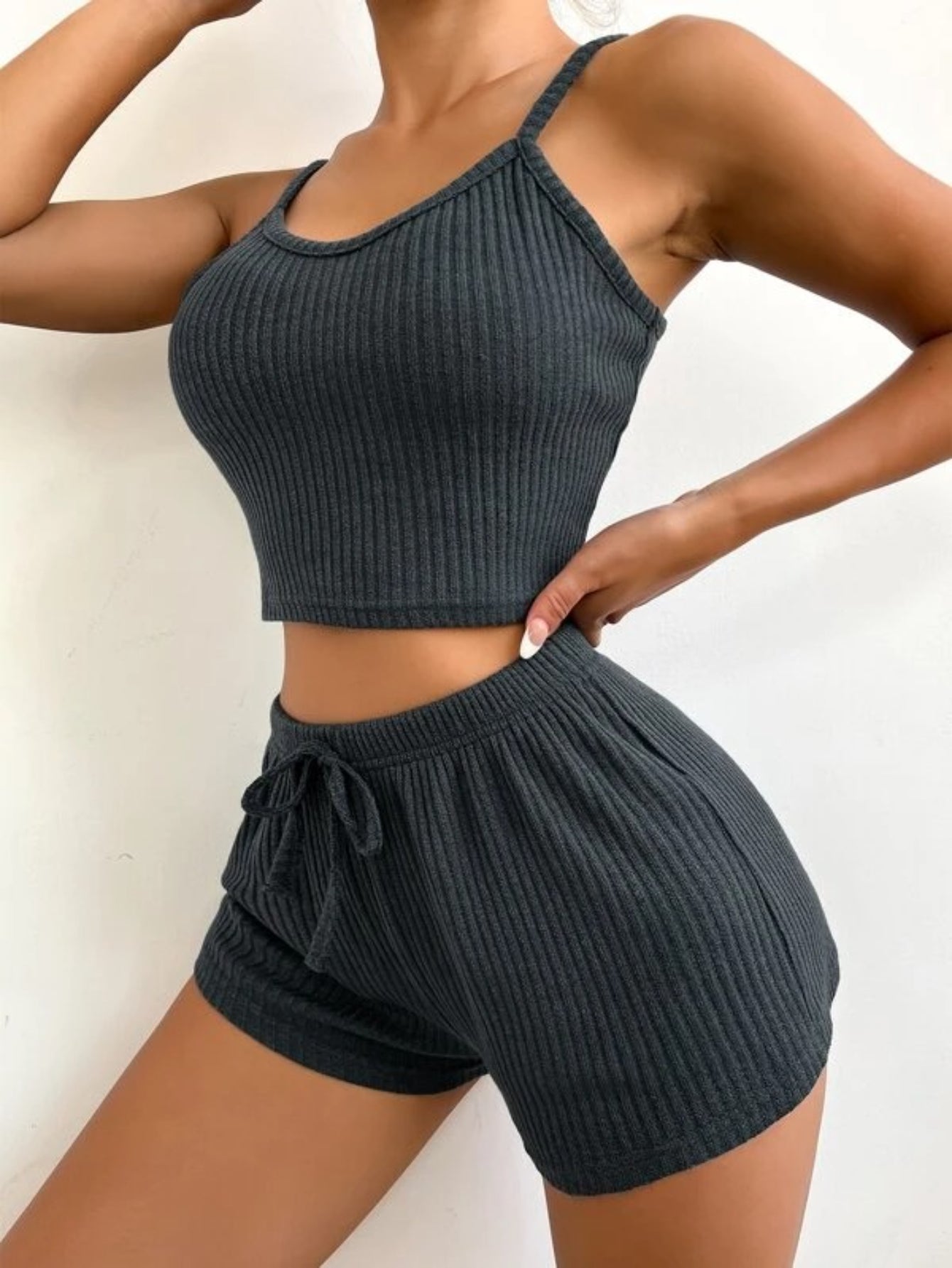 Ribbed Knit Cami Top And Shorts Lounge Set