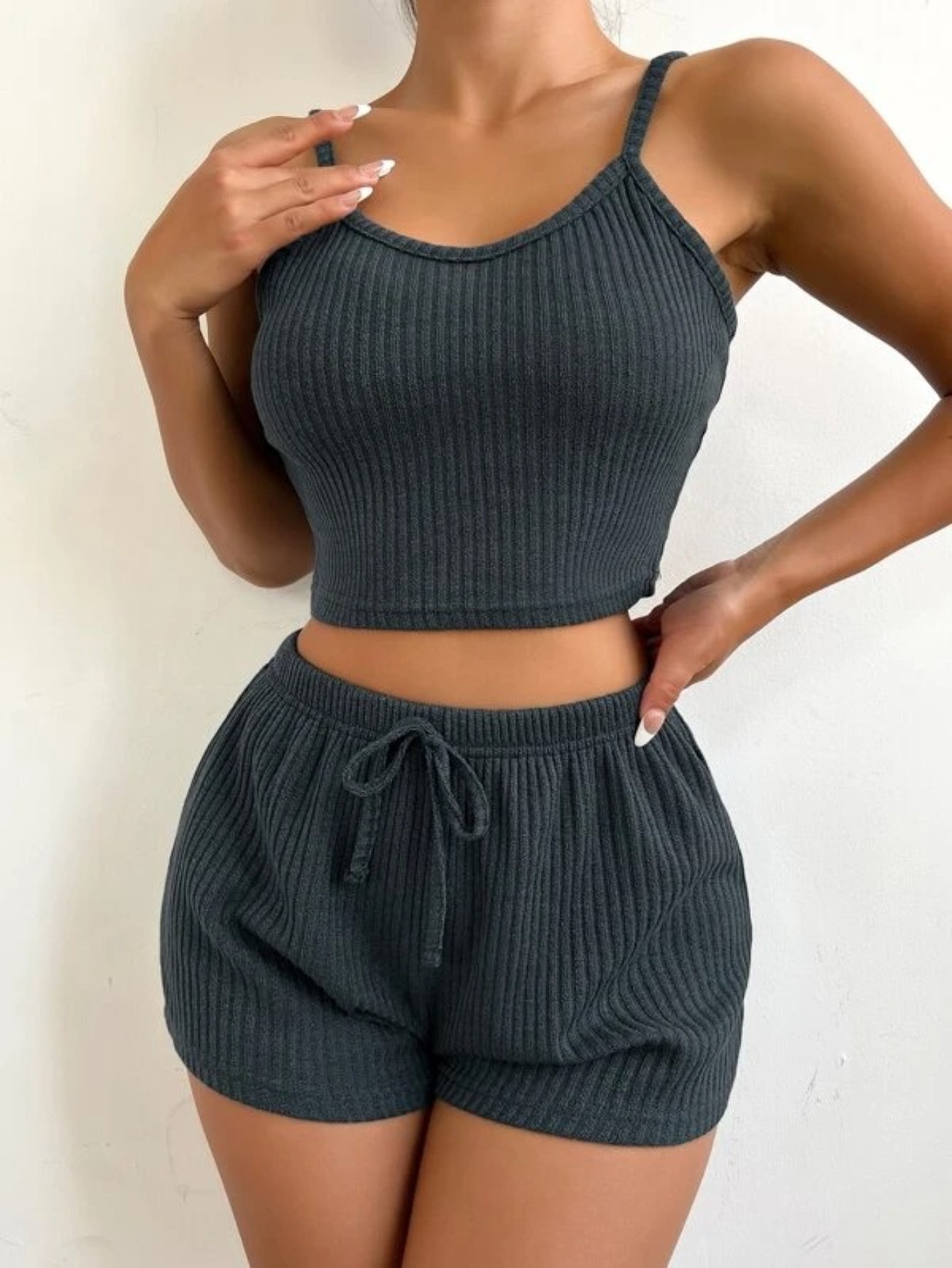 Ribbed Knit Cami Top And Shorts Lounge Set Gray