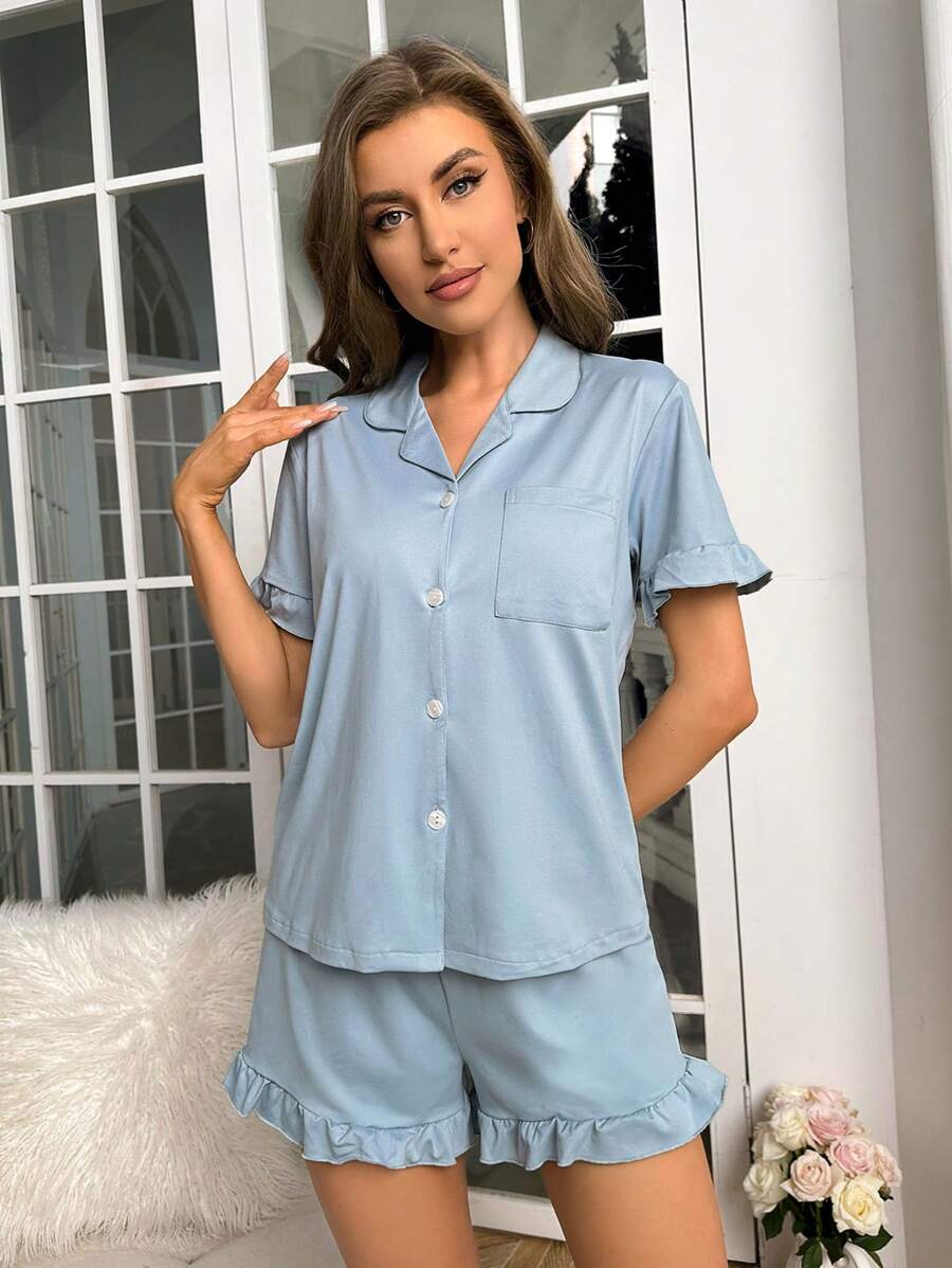 Ruffle Trim Patched Pocket Lounge Set