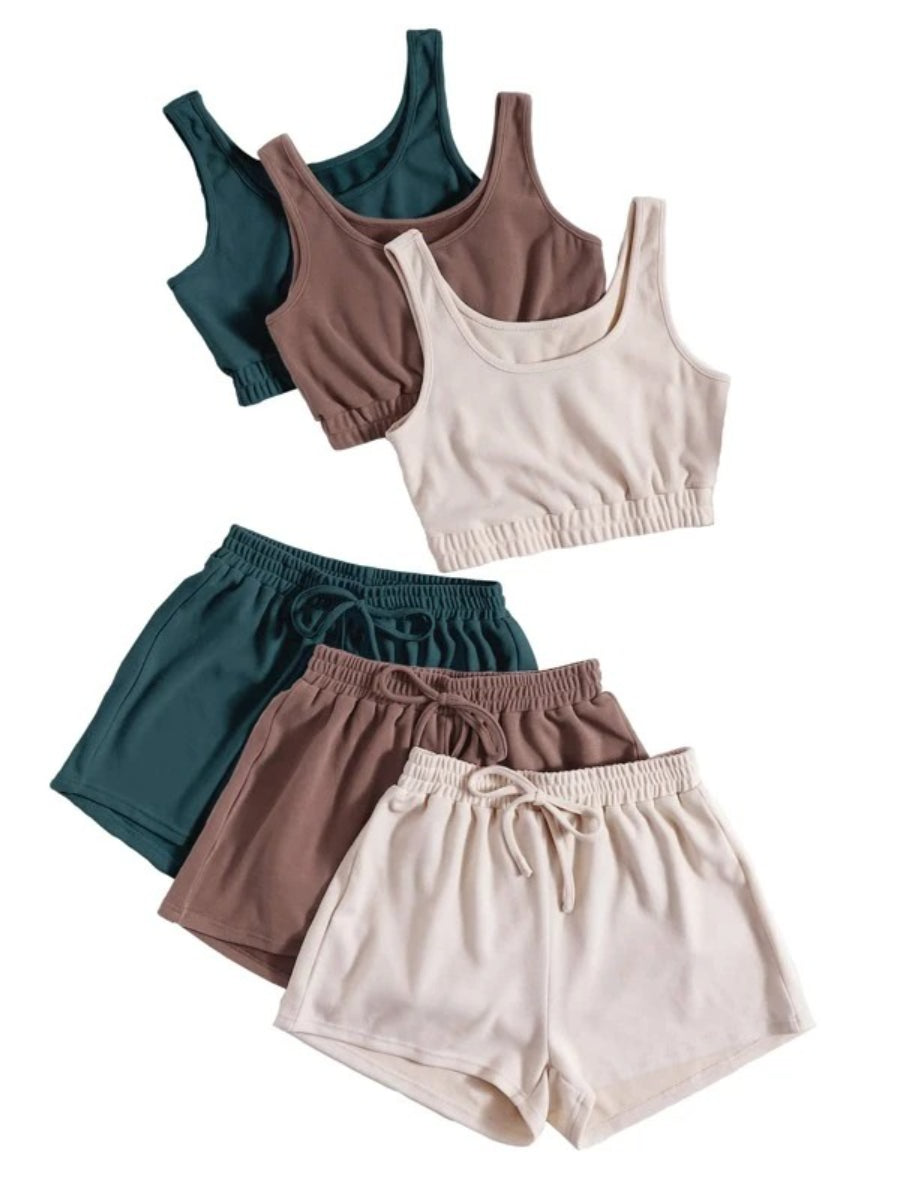 Set Of 3 Crop Tank Top And Knot Front Shorts Lounge Set