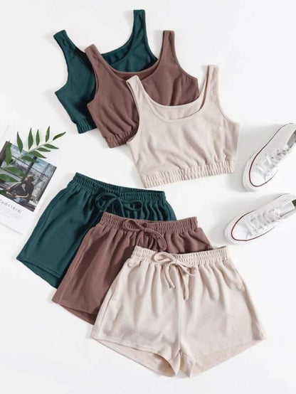 Set Of 3 Crop Tank Top And Knot Front Shorts Lounge Set