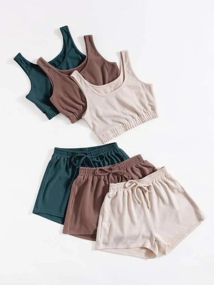 Set Of 3 Crop Tank Top And Knot Front Shorts Lounge Set