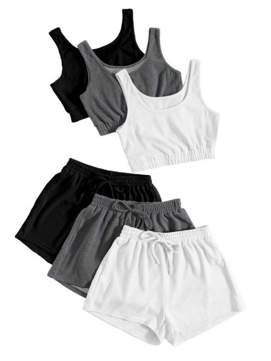 Set Of 3 Crop Tank Top And Knot Front Shorts Set