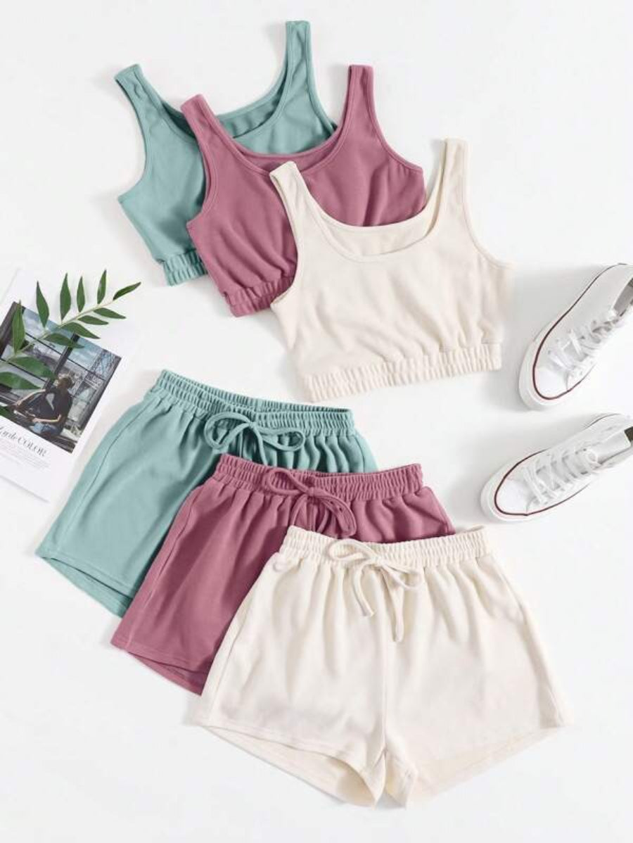 Set Of 3 Crop Top And Knot Front Shorts Set