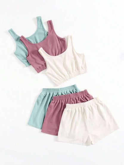 Set Of 3 Crop Top And Knot Front Shorts Set