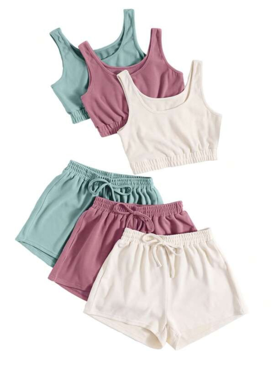 Set Of 3 Crop Top And Knot Front Shorts Set