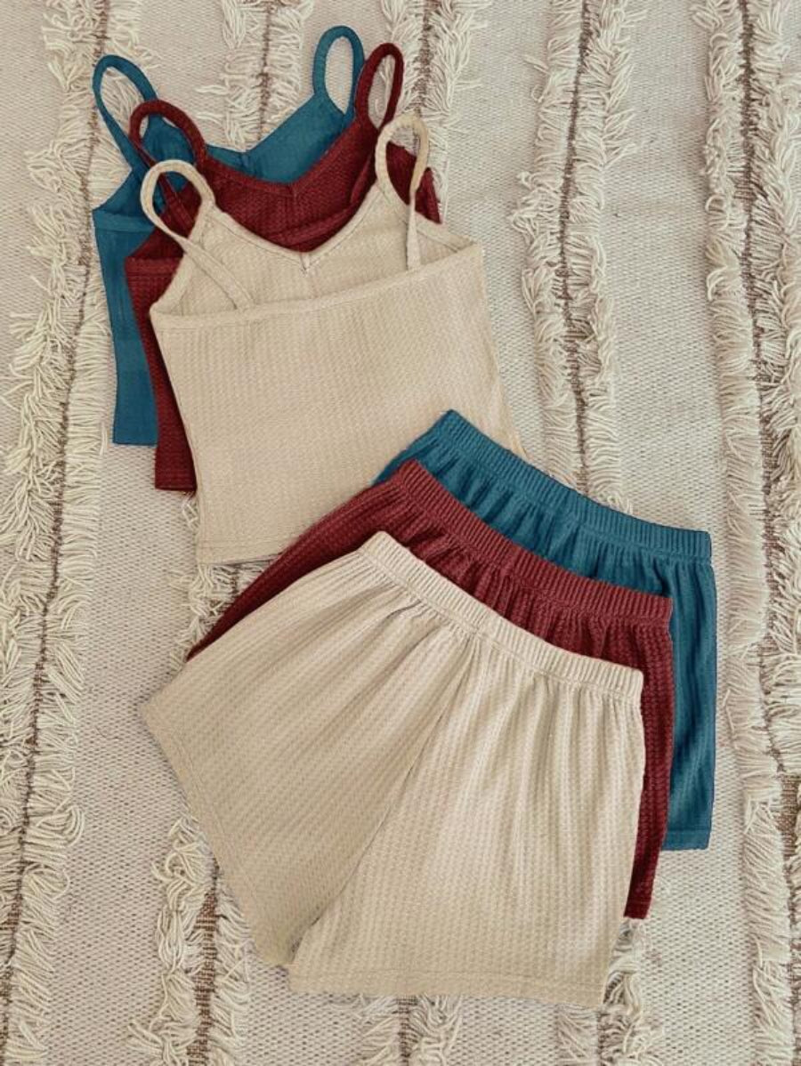 Set Of 3 Plain Cami Top And Shorts Lounge Set