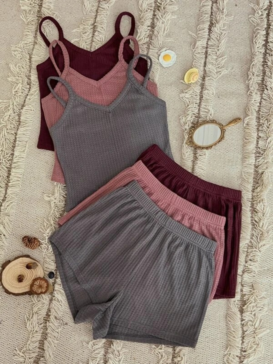 Set Of 3 Solid Cami Top And Shorts Lounge Set