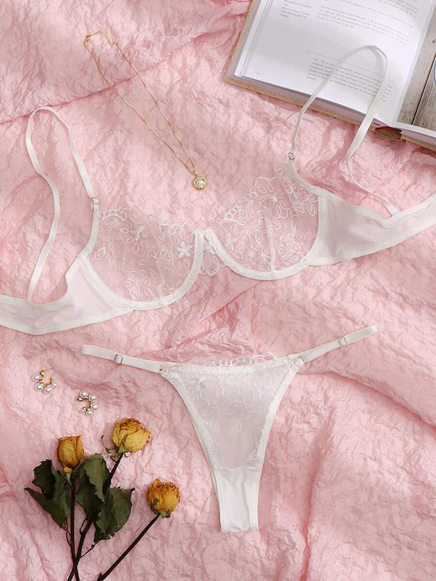 Sheer Mesh Embroidery Underwire Lingerie Set