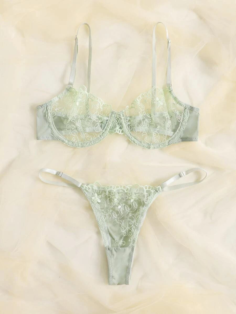 Sheer Mesh Embroidery Underwire Lingerie Set Green