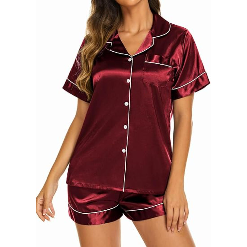 Sleeve Button Down Top and Shorts Set Maroon