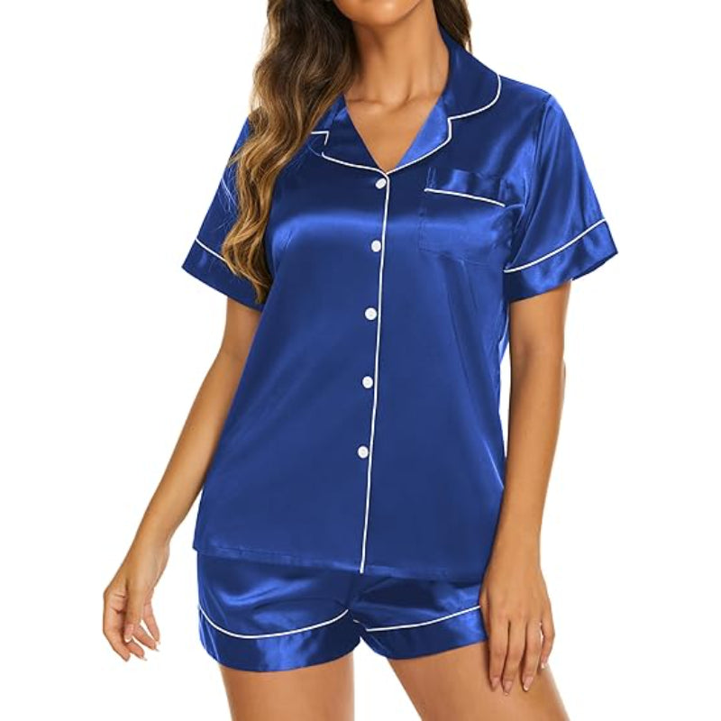 Sleeve Button Down Top and Shorts Set Blue