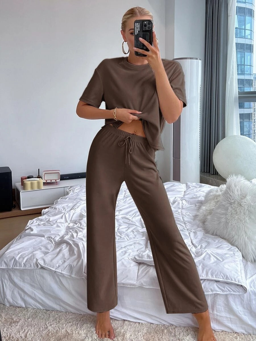 Slit Hem Top And Tie Pants Lounge Set