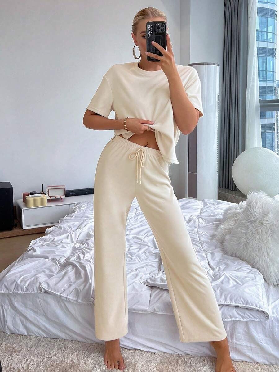 Slit Hem Top And Tie Pants Lounge Set