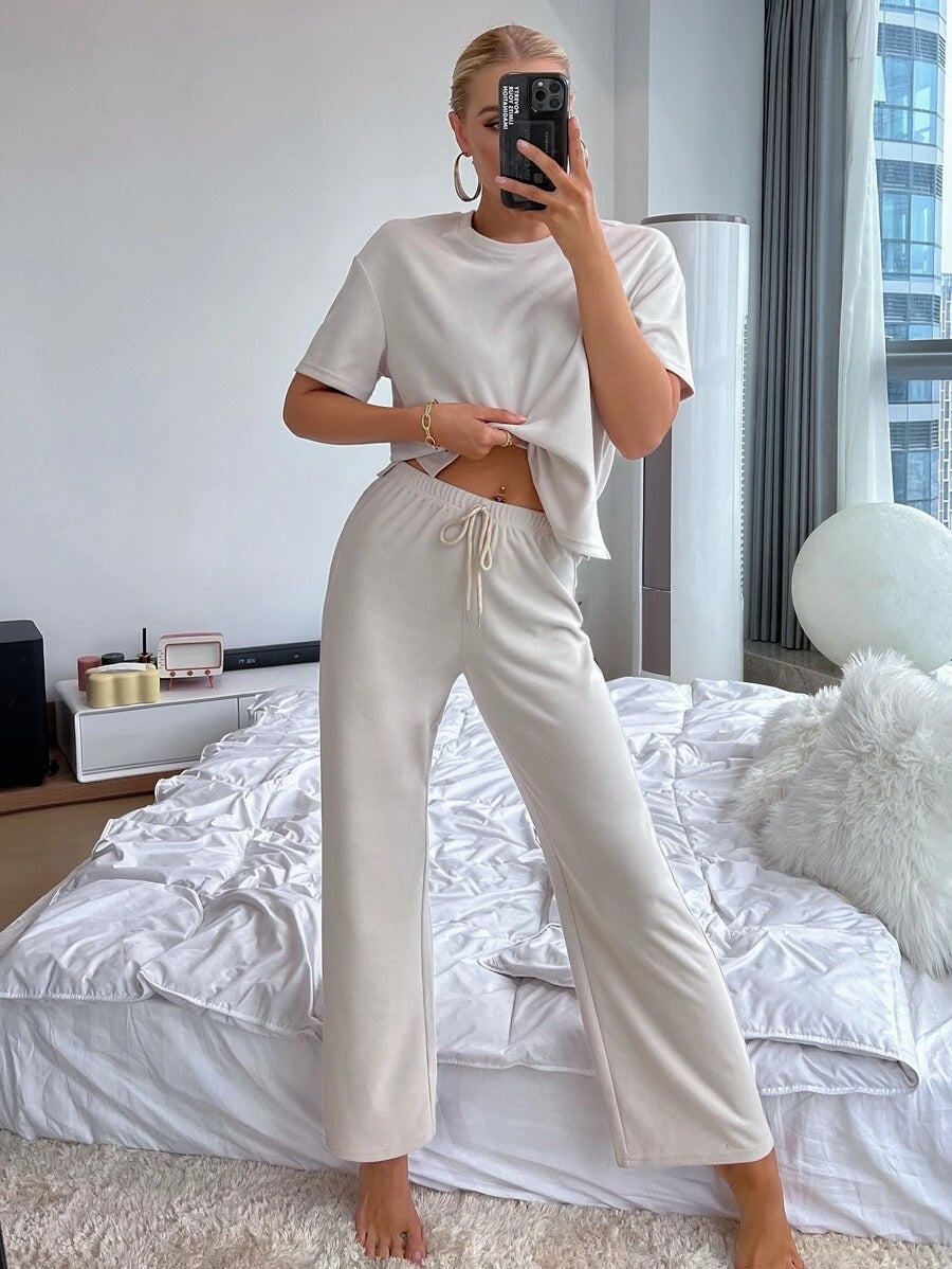 Slit Hem Top And Tie Pants Lounge Set