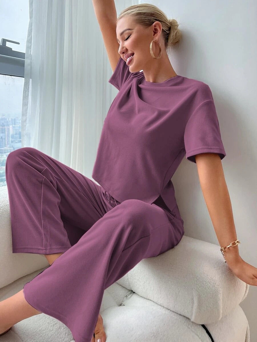 Slit Hem Top And Tie Pants Lounge Set Purple