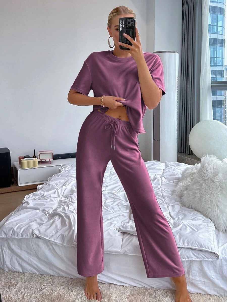 Slit Hem Top And Tie Pants Lounge Set