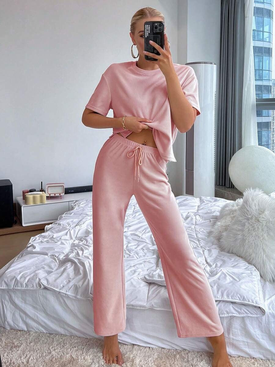 Slit Hem Top And Tie Pants Lounge Set