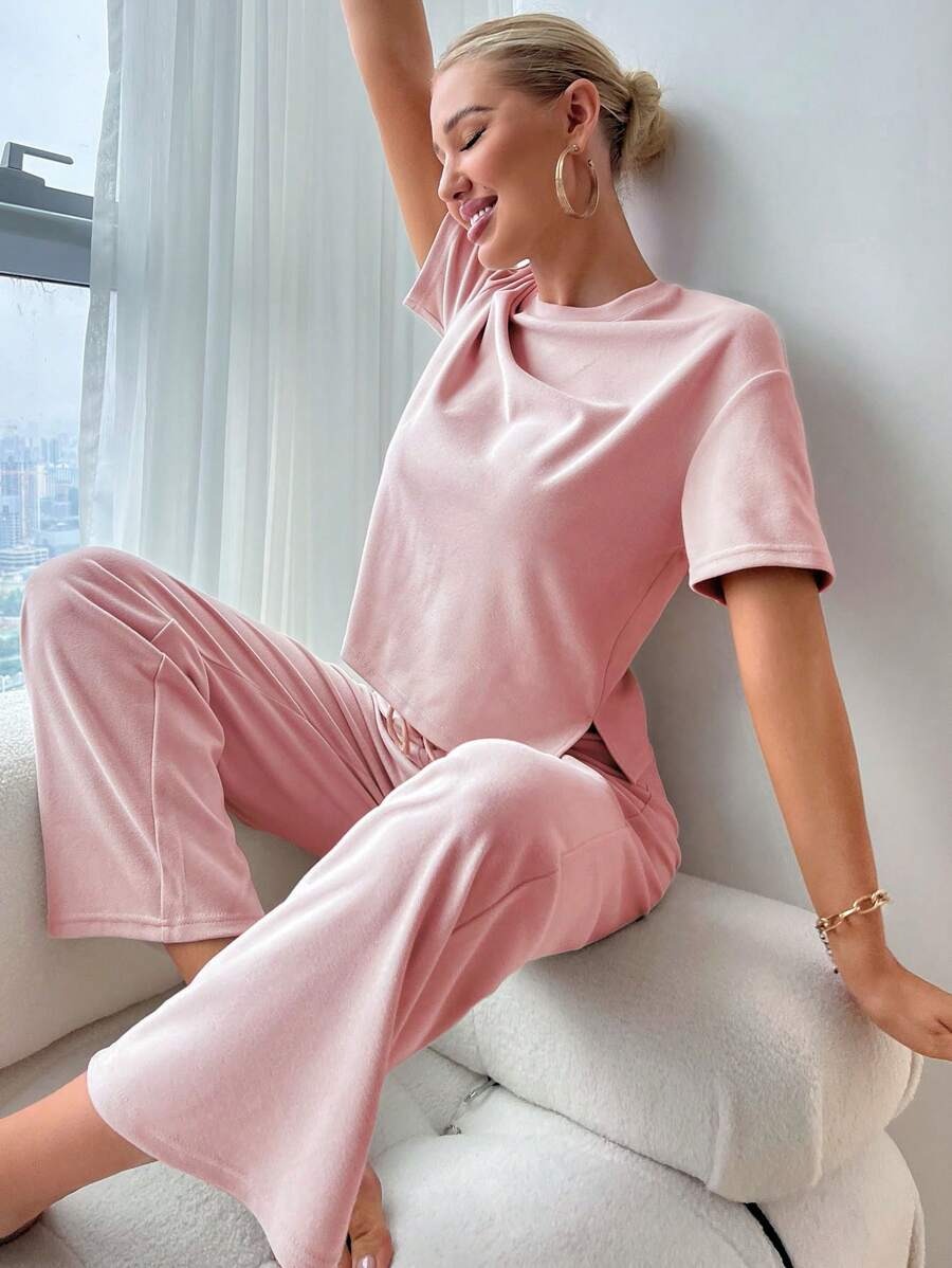 Slit Hem Top And Tie Pants Lounge Set Pink