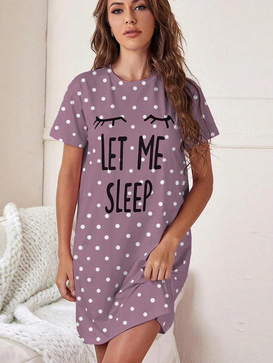 Slogan And Polka Dot Print Nightdress Purple