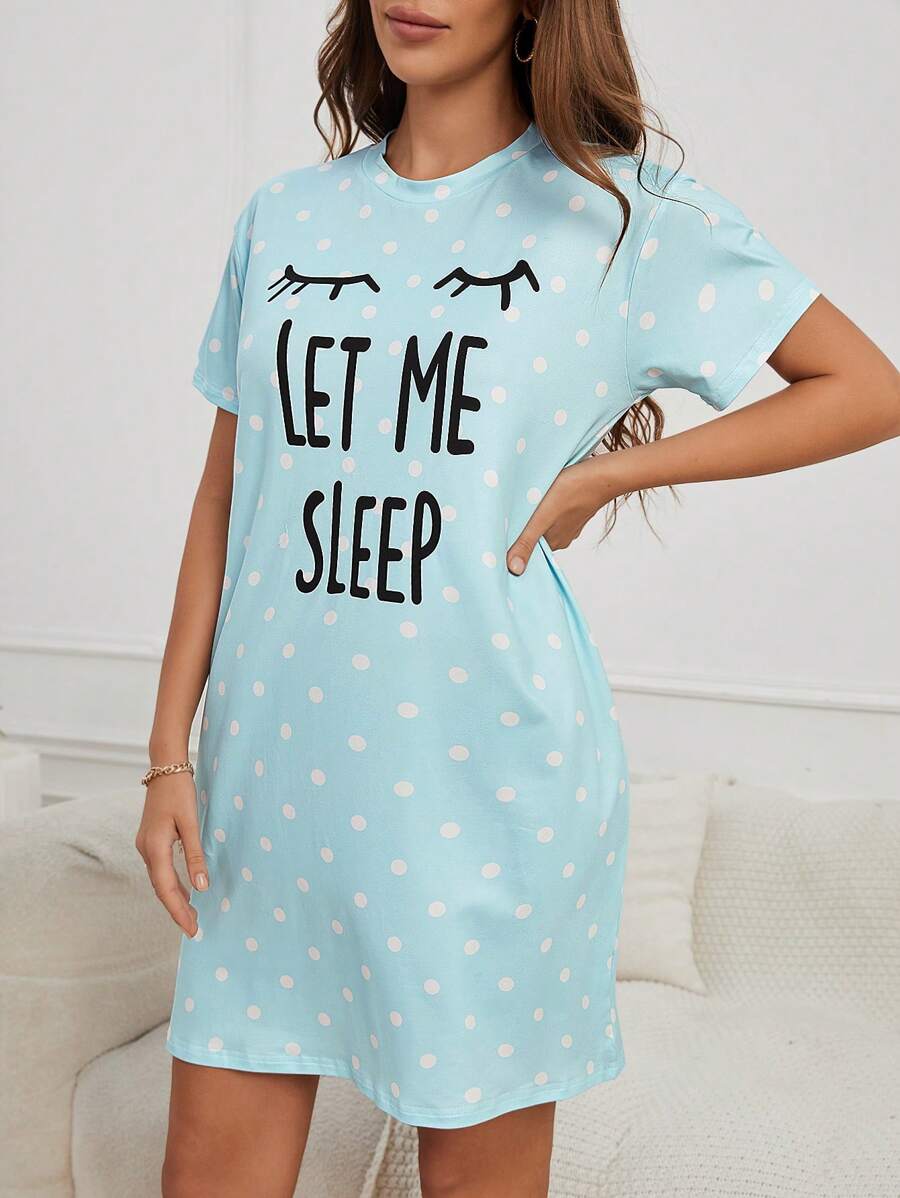 Slogan And Polka Dot Print Nightdress