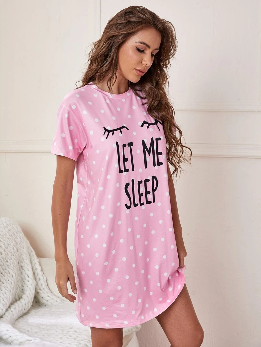 Slogan And Polka Dot Print Nightdress