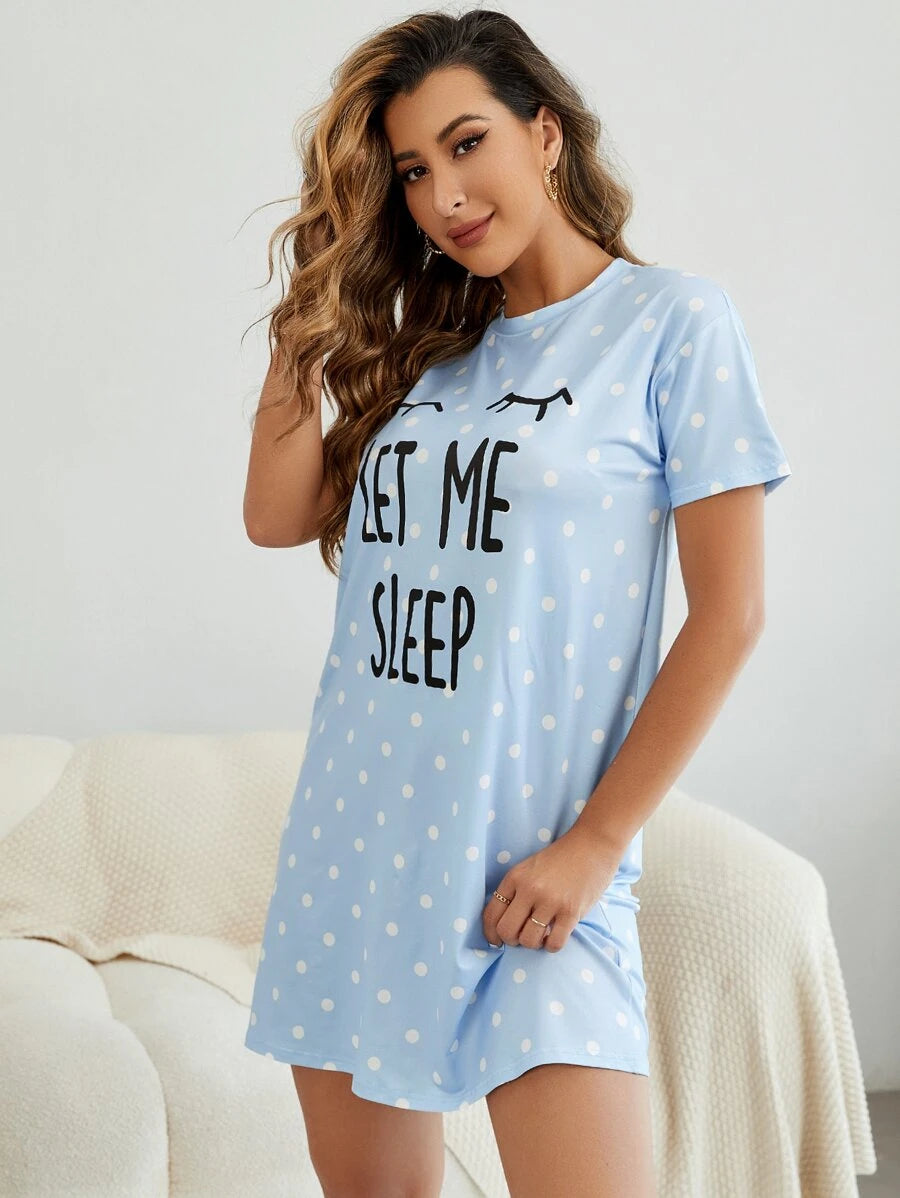 Slogan And Polka Dot Print Nightdress Light Blue