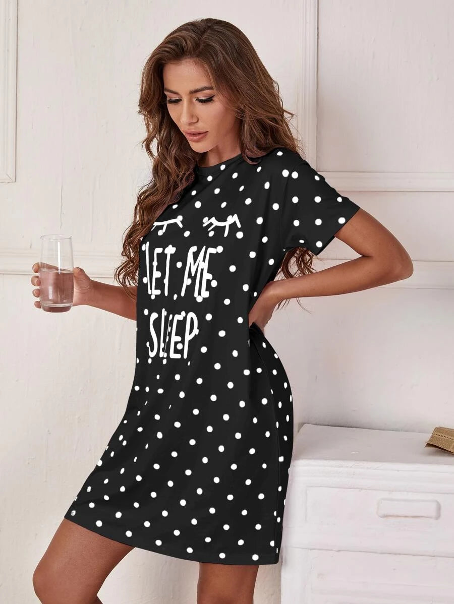 Slogan And Polka Dot Print Nightdress