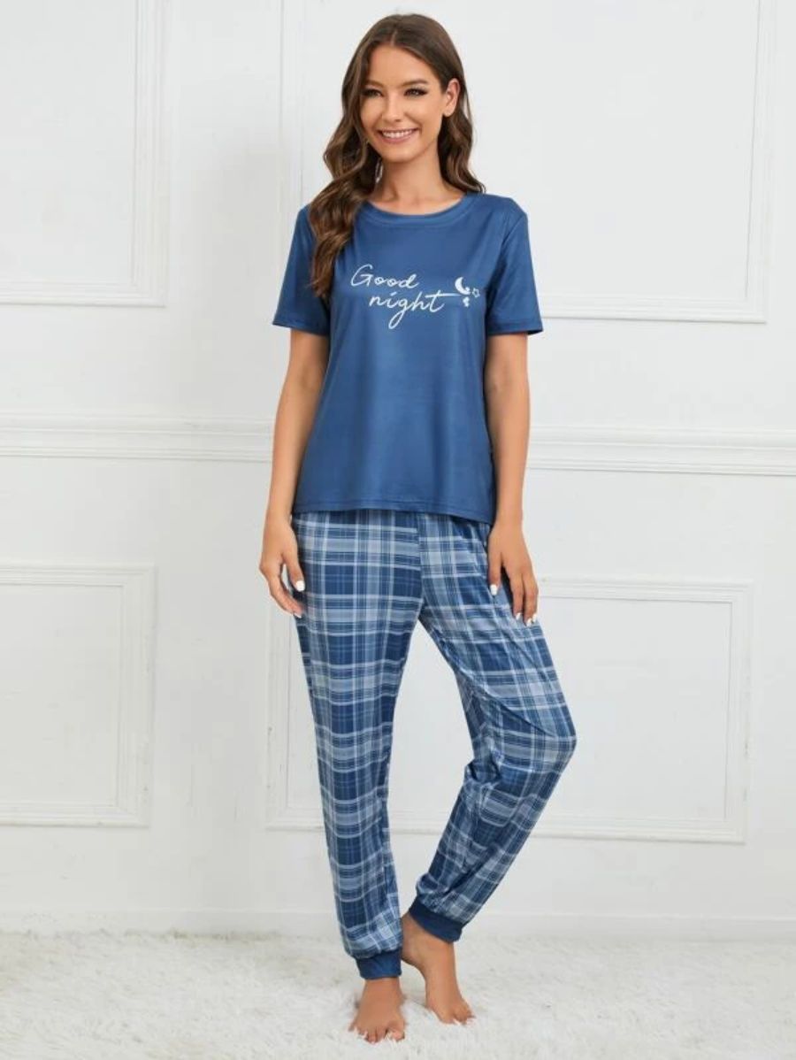 Slogan Graphic Tee And Plaid Print Pajama Set