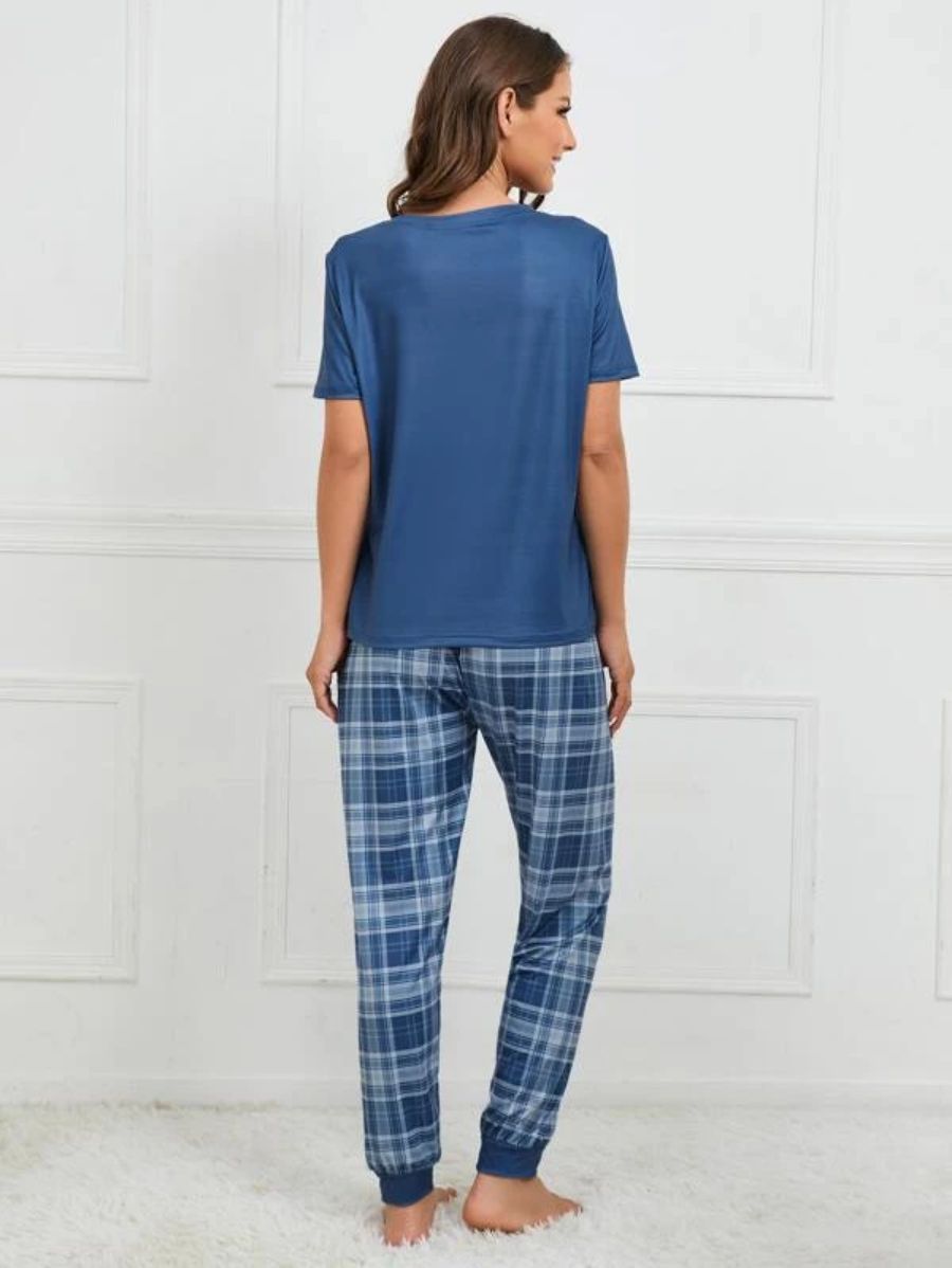 Slogan Graphic Tee And Plaid Print Pajama Set