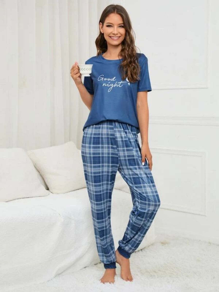 Slogan Graphic Tee And Plaid Print Pajama Set