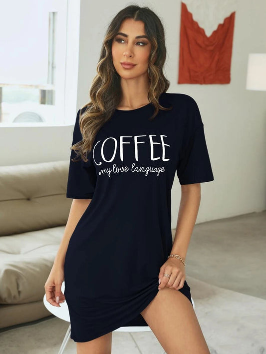 Slogan Graphic Drop Sleepshirt Nightdress Black